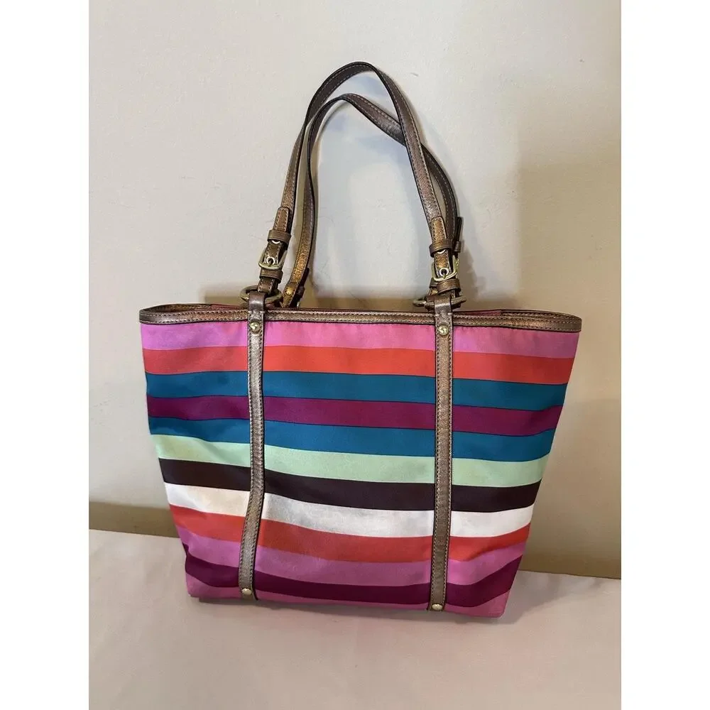VTG Coach Tote Bag Medium Multicolor Satin Stripe Shoulder Zip Leather Trim Y2K